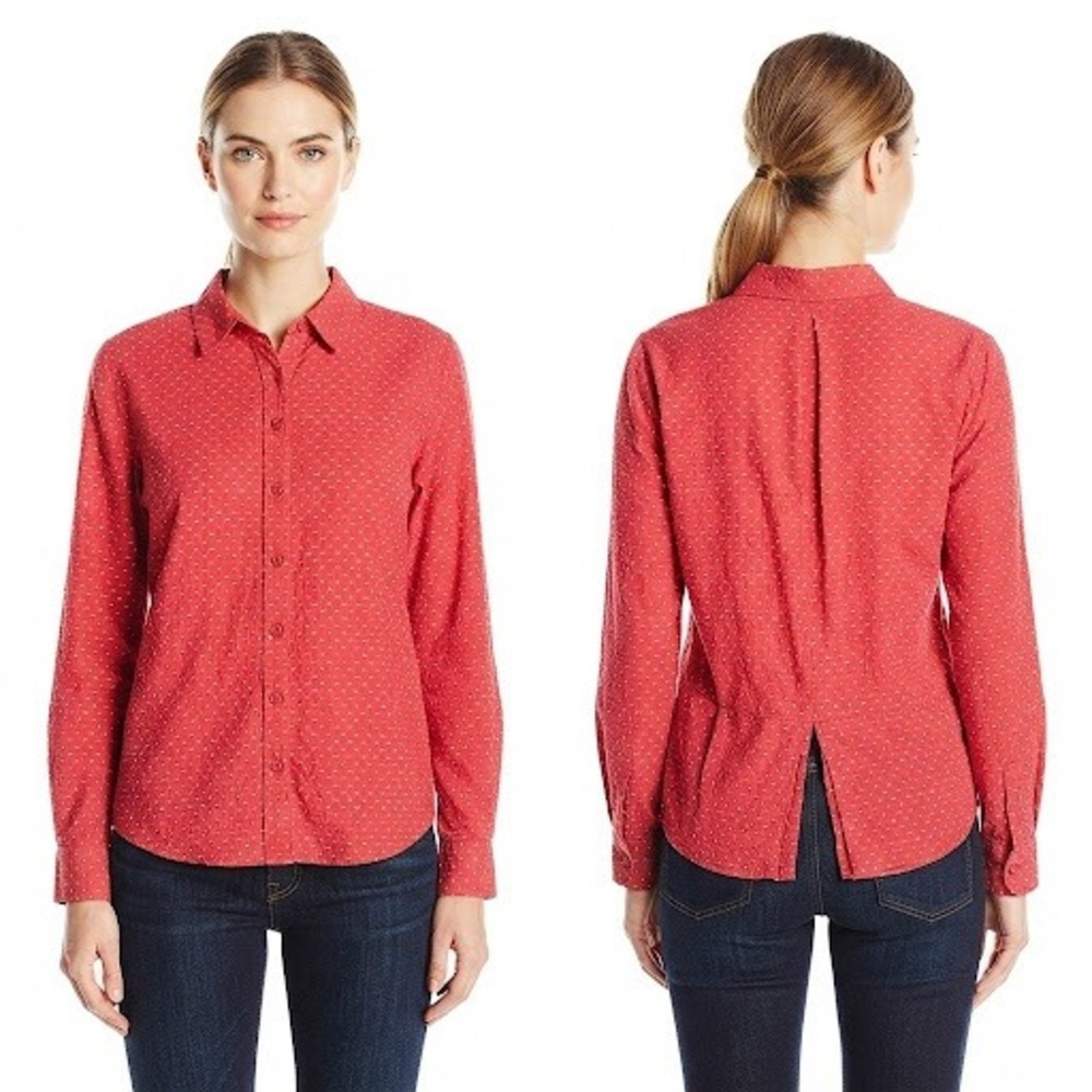 Joan Rivers Red Clip Dot Button Down Shirt Long Sleeve Back Vent Women's Medium